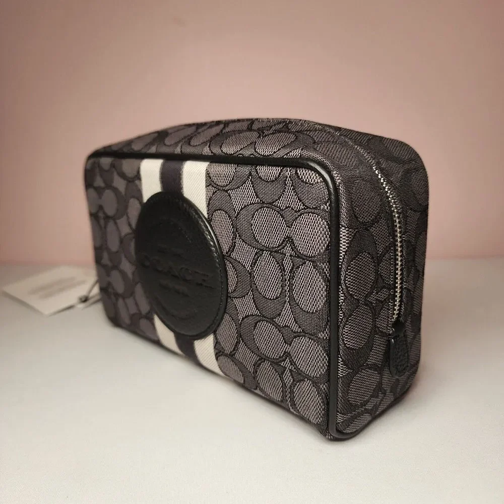 Coach Black and Gray Signature Stripe Cosmetic Case